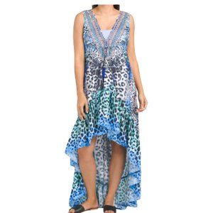 La Moda Dress Medium Luxe Hi Low Resort Embellished Blue Print Maxi Cheetah High